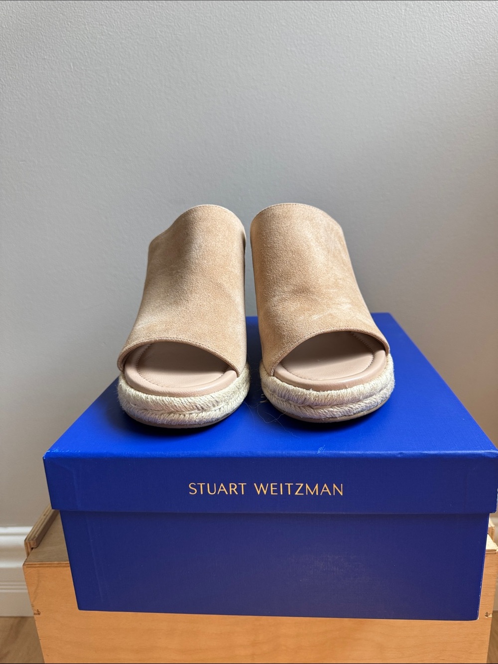 Stuart Weitzman Beige Suede Espadrille Wedge Slides - Picture 2 of 6